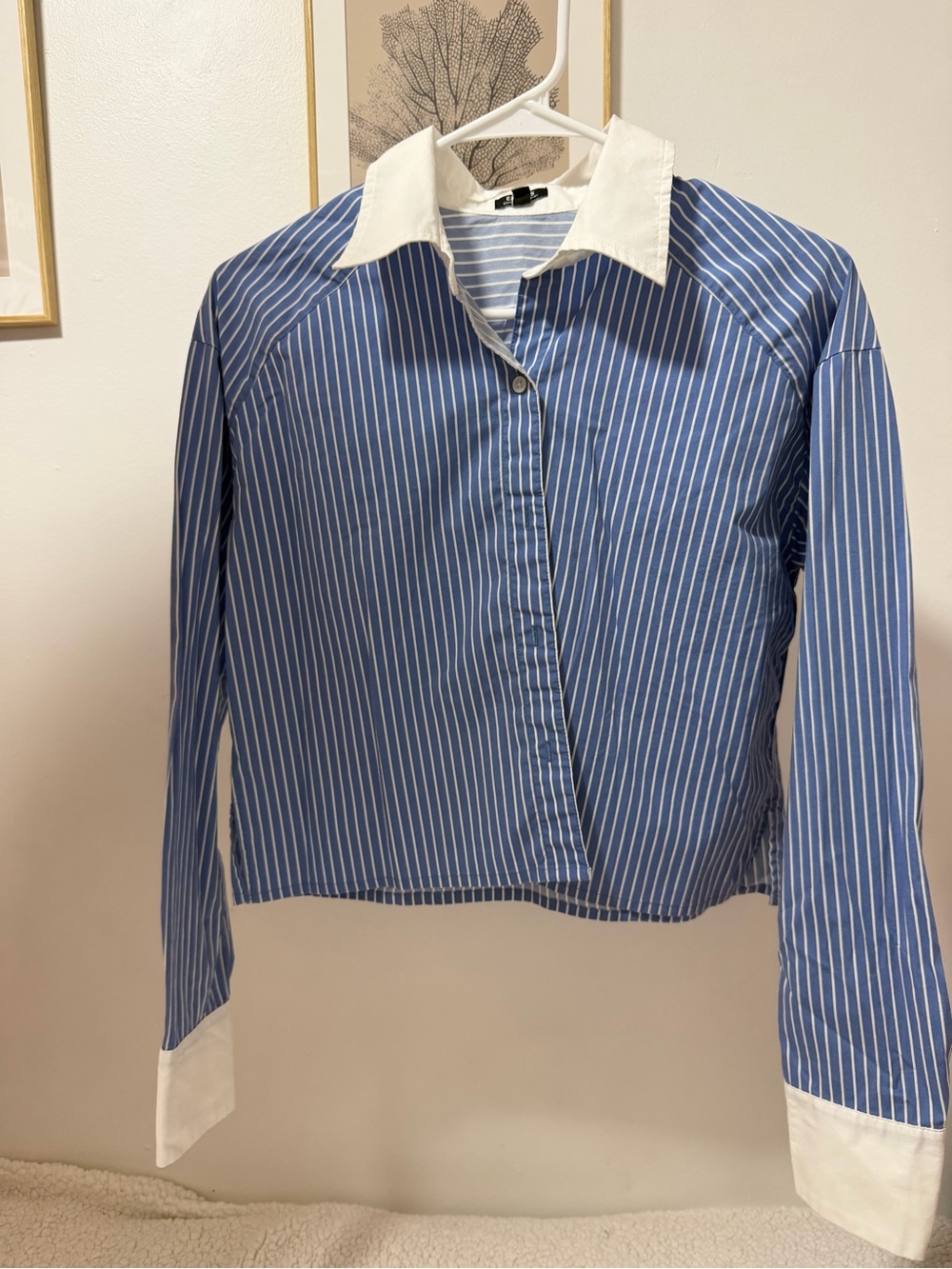 Express Blue Pinstripe Cropped Shirt Jacket with White Collar